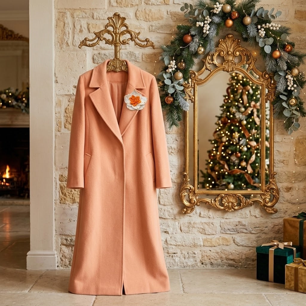 A long peach-coloured wool coat hangs on an ornate gold hanger against a stone wall, decorated with a floral pin at the chest. To the right is a large gold mirror framed by a Christmas garland, and wrapped gifts sit on the floor nearby.