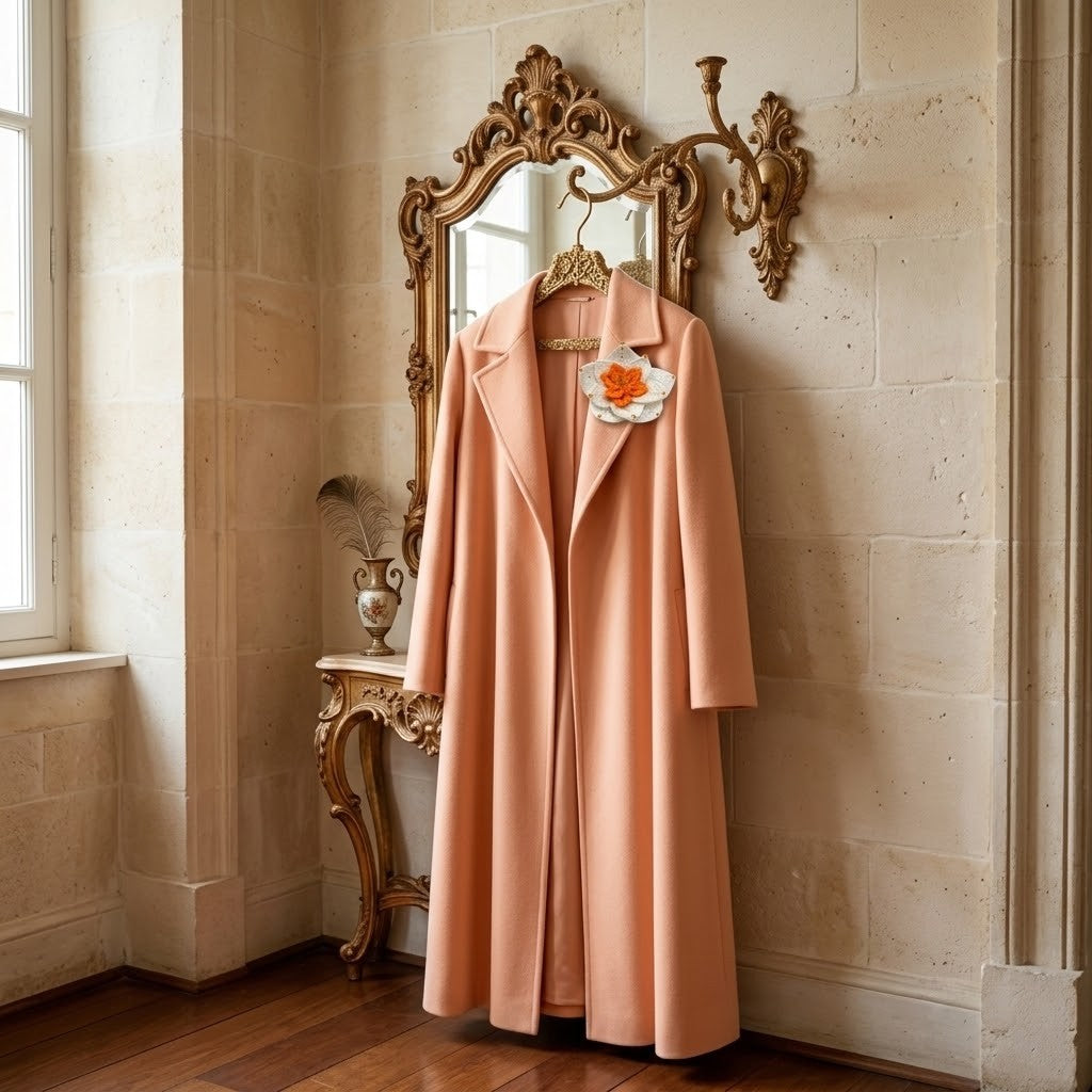A long peach-coloured coat hangs on a hanger against a beige stone wall, positioned in front of an ornate gold mirror. A decorative white and orange flower is pinned to the left lapel of the coat.