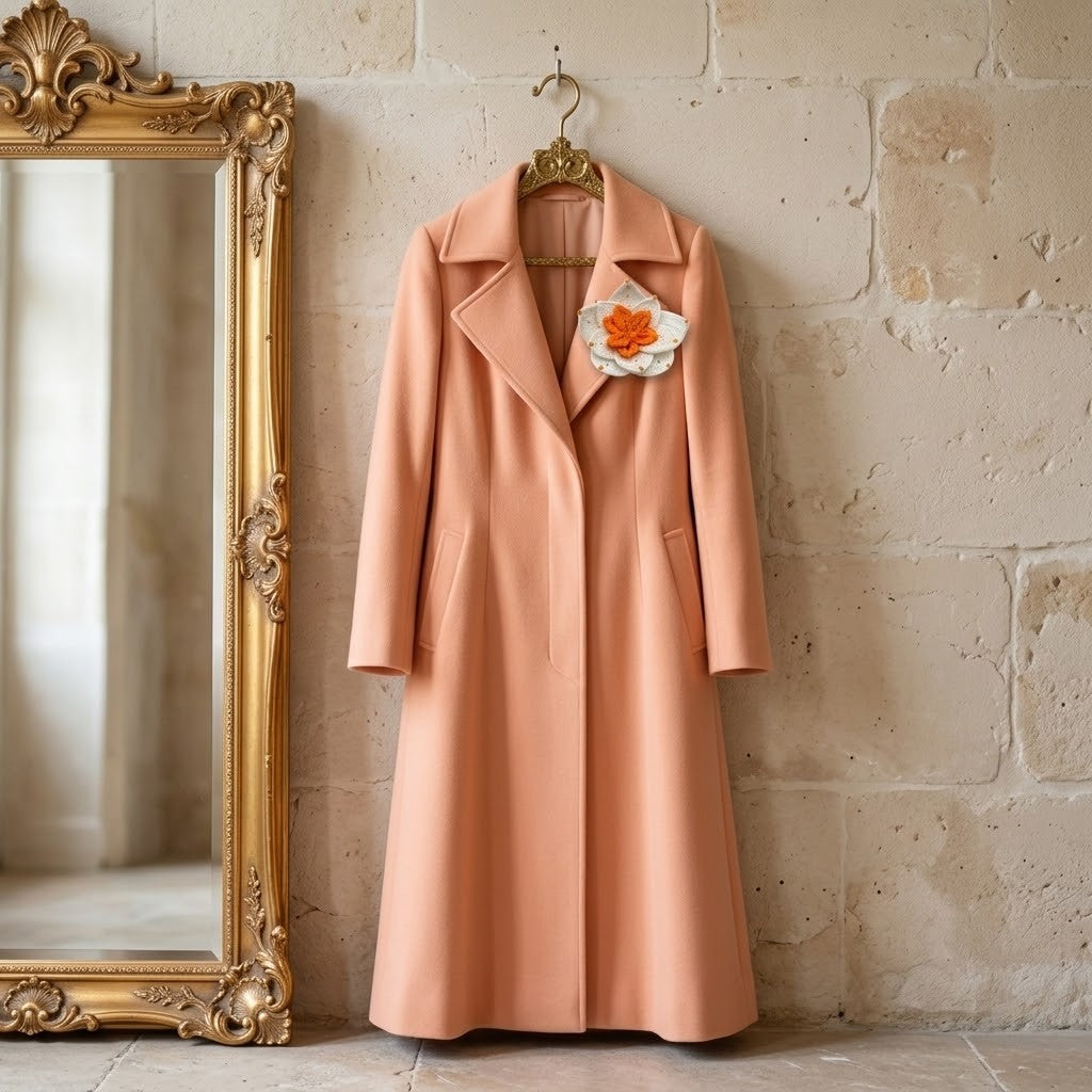 A peach-coloured long coat hanging on a gold hanger against a textured stone wall, next to an ornate gold mirror. The coat features a large white fabric flower with orange details pinned to the left chest.