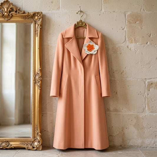 A peach-coloured long coat hanging on a gold hanger against a textured stone wall, next to an ornate gold mirror. The coat features a large white fabric flower with orange details pinned to the left chest.