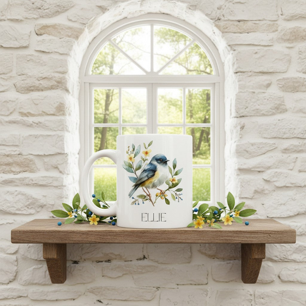 White mug with bird design and 'Ellie' text on a wooden shelf in front of a window with a stone wall background.