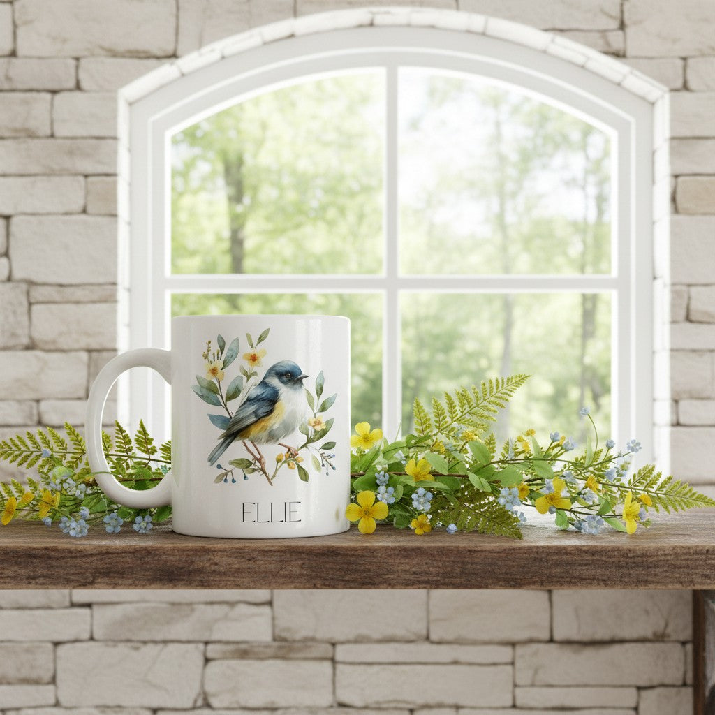 White mug with bird design on a wooden surface with flowers and a window in the background