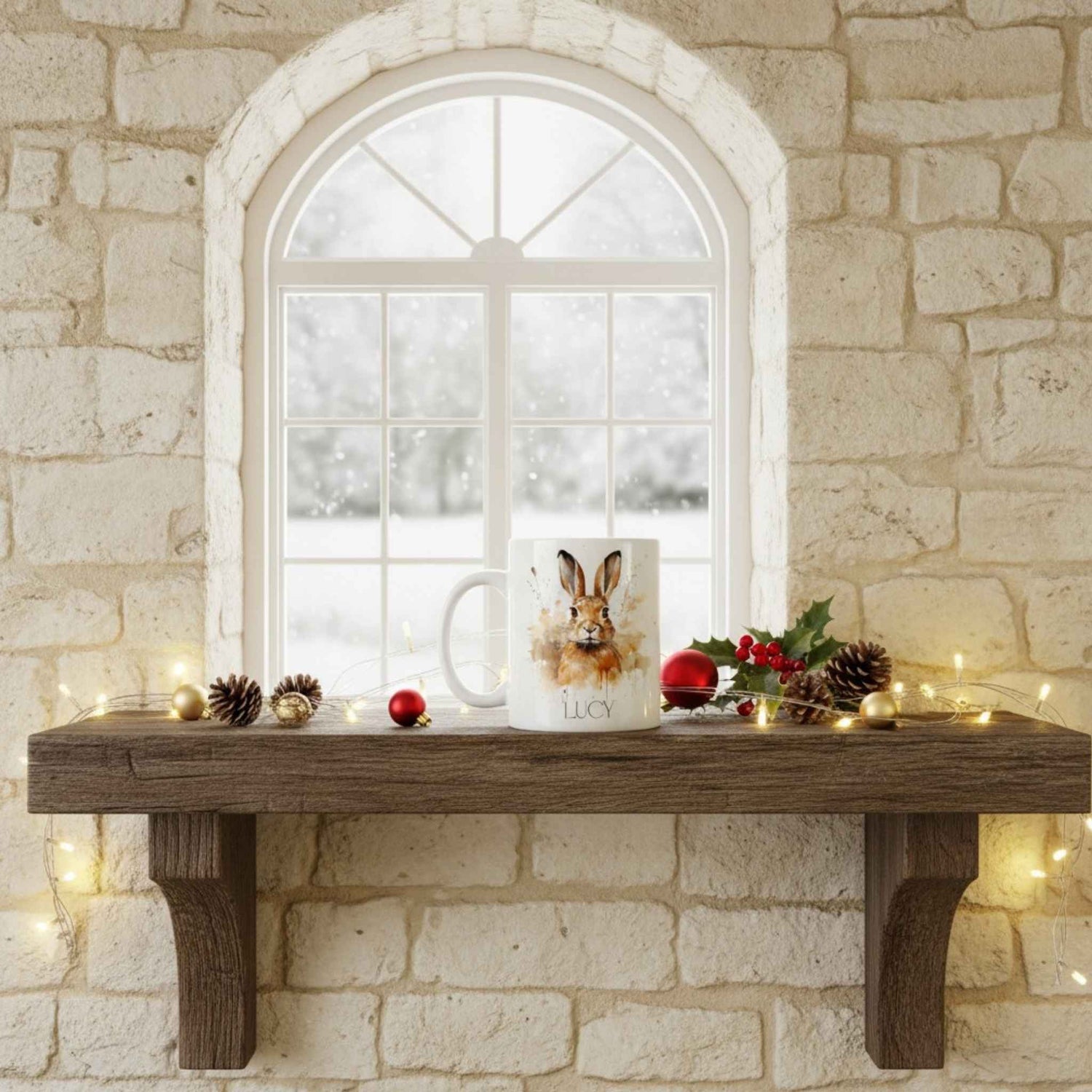 Wooden shelf with a mug featuring a hare design, Christmas decorations, and candles against a stone wall.
