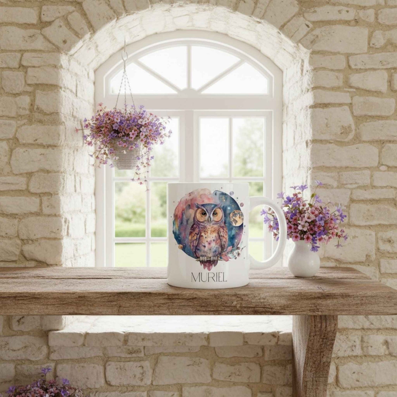 Decorative owl mug on a wooden shelf with a stone wall and window in the background
