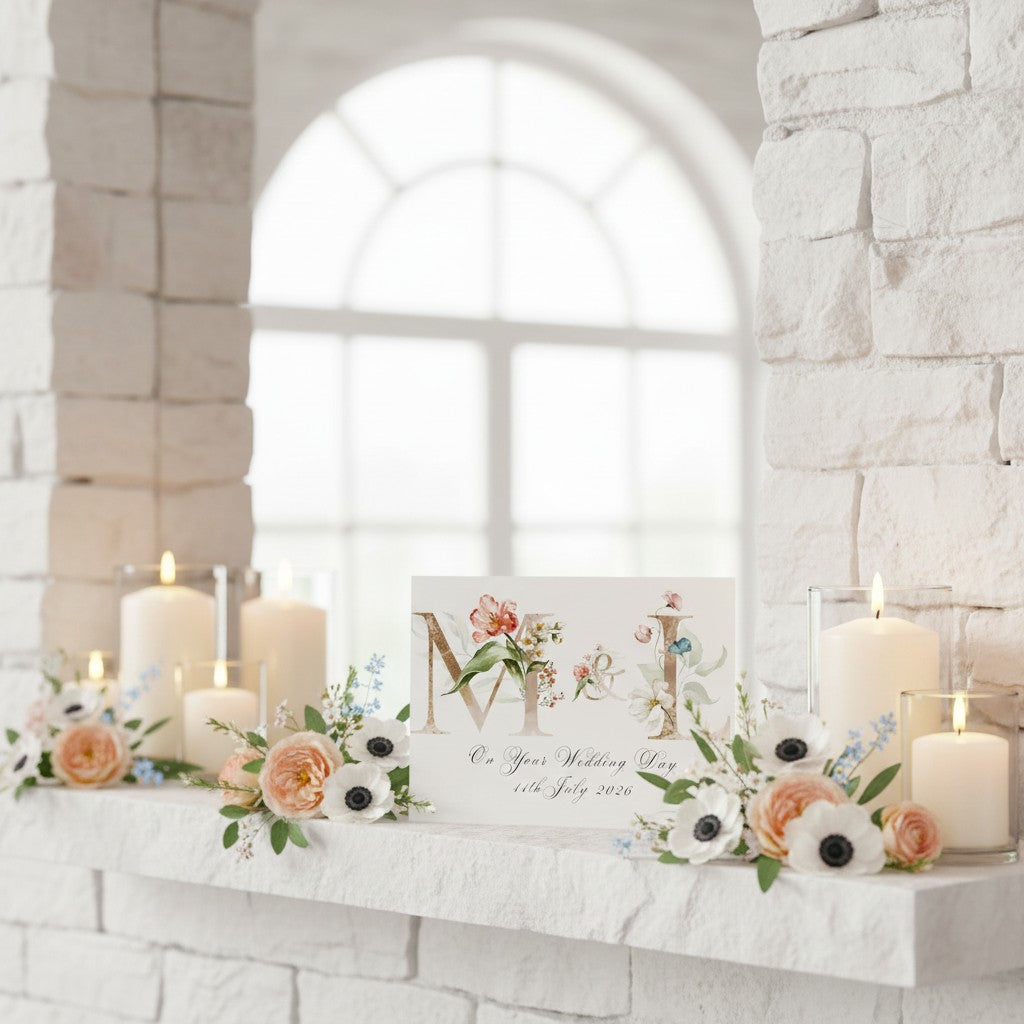 Pretty personalised wedding card on a mantle with candles and flowers.