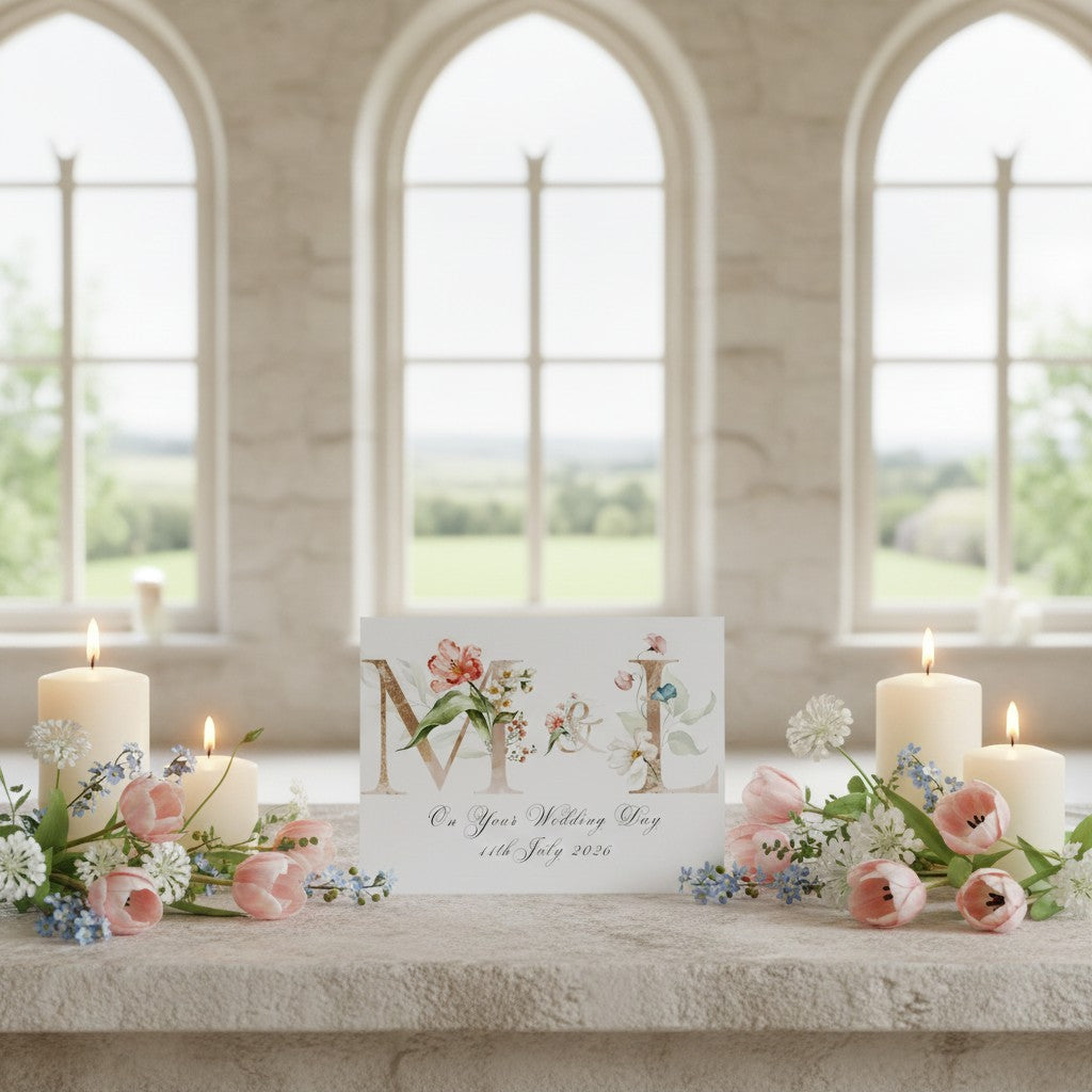 Staged wedding card with couples initials with arched window behind.