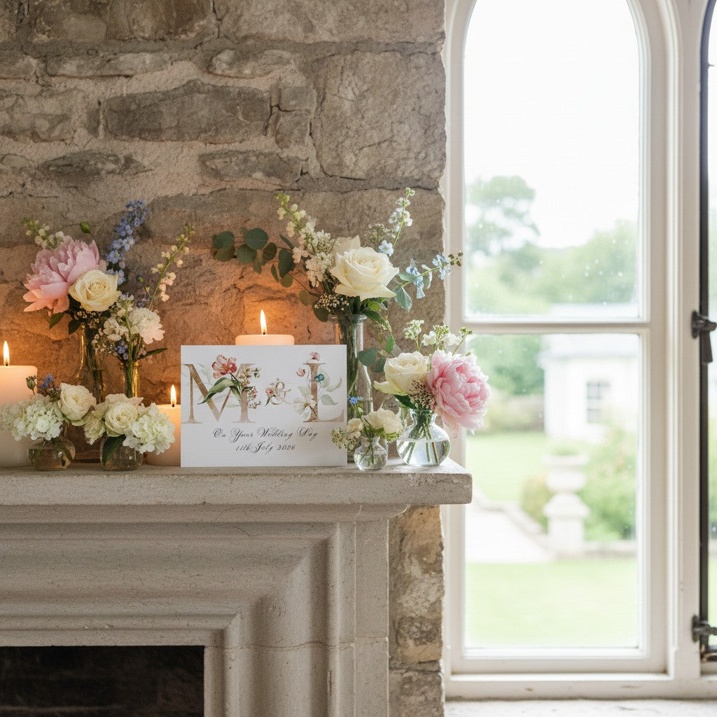 Elegant wedding card with bride and groom initials on a fireplace with flowers.