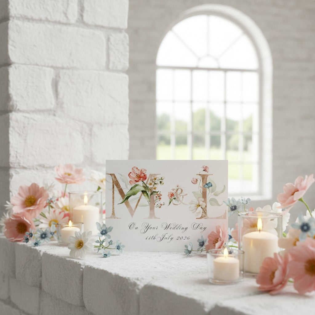 Personalised initial wedding card with pretty florals and personalised with wedding date on a stone wall with candles and flowers.