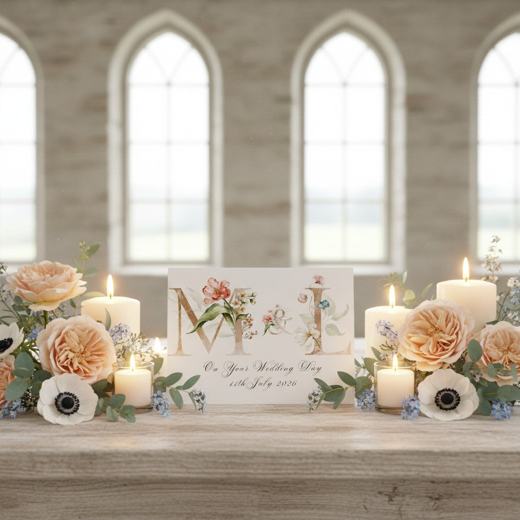 Personalised initial wedding card with flowers and candles on a wooden shelf
