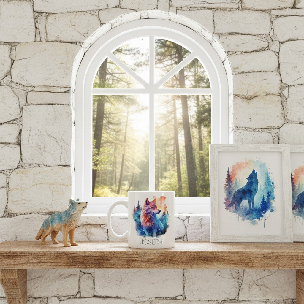 Decorative items including a wolf mug, figurine, and framed art on a stone wall background.