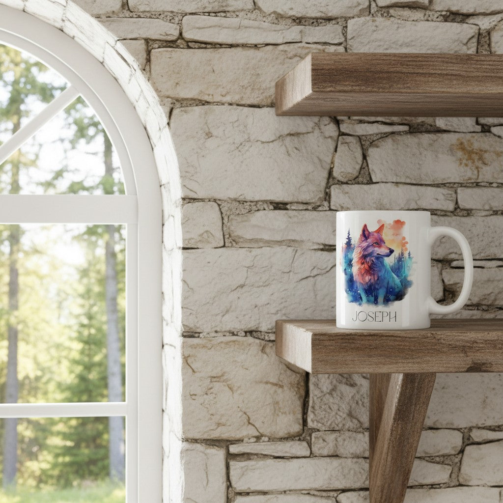 Mug with a colourful wolf design on a wooden shelf against a stone wall.