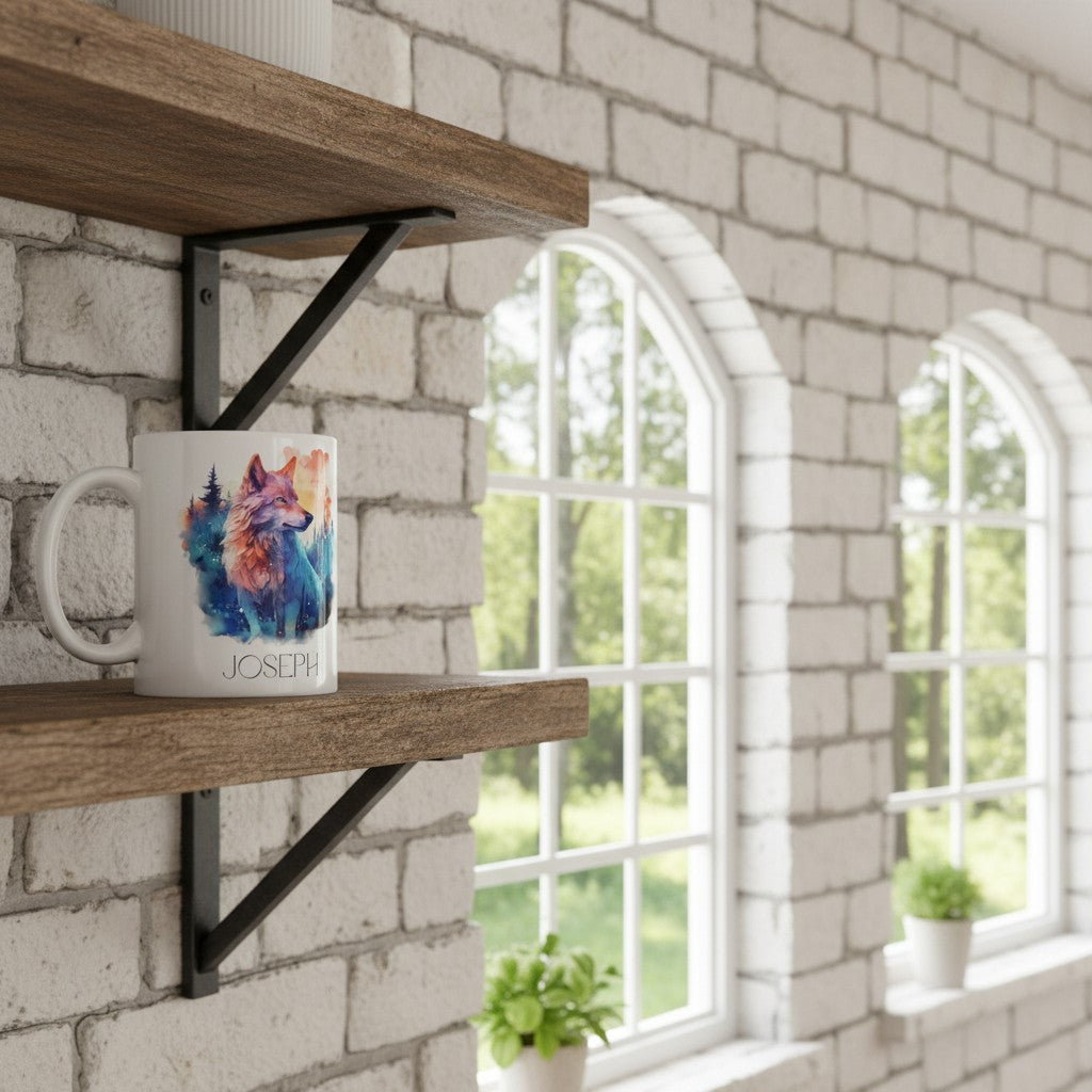 Mug with a colourful wolf design on a wooden shelf against a brick wall with windows.
