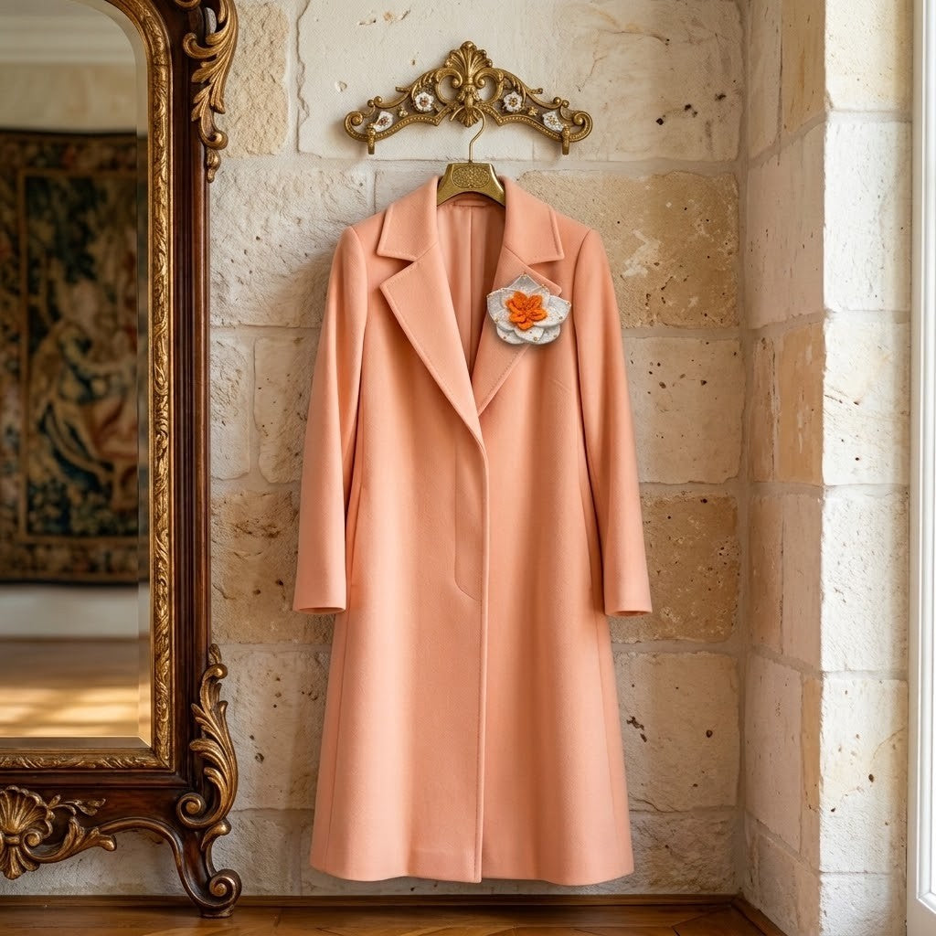 A peach-coloured wool coat hangs on a gold hanger against a textured stone wall, decorated with a floral brooch on the left chest.