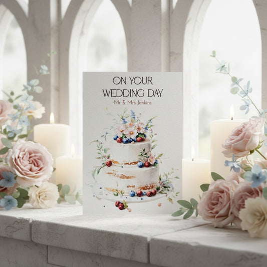 Wedding card with cake illustration surrounded by flowers and candles in a church setting