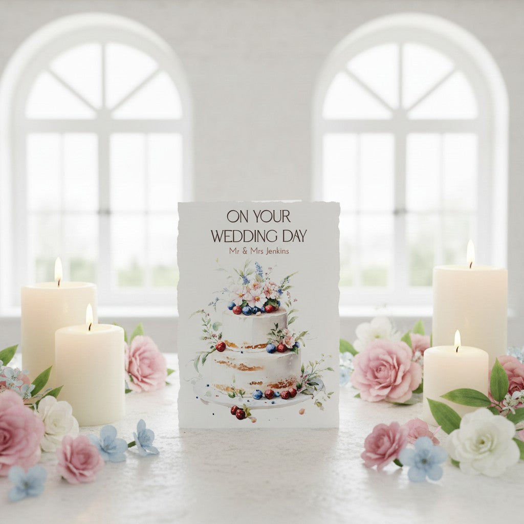 Wedding card with cake illustration surrounded by candles and flowers in a bright room.