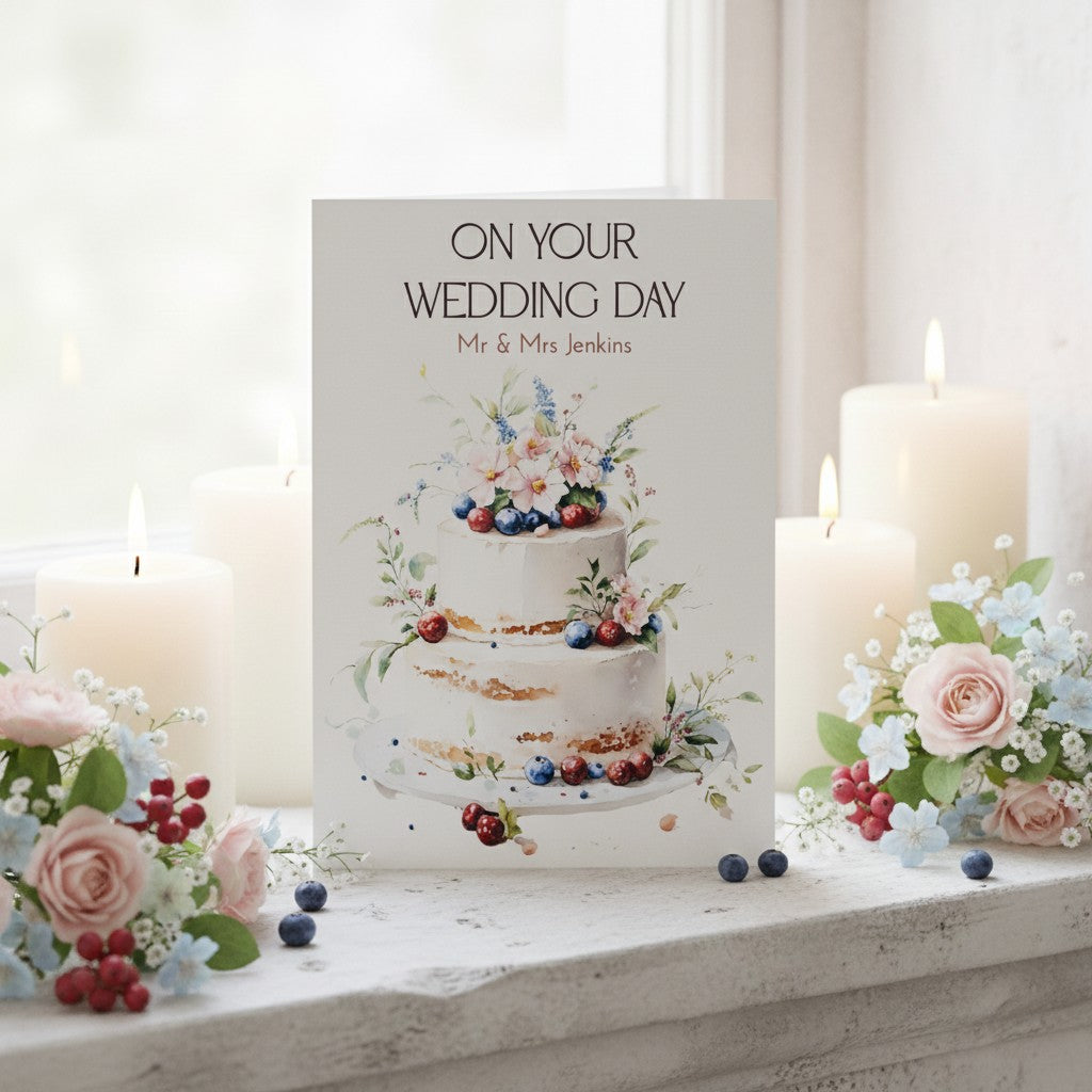 Personalised wedding card with cake illustration and candles on a table