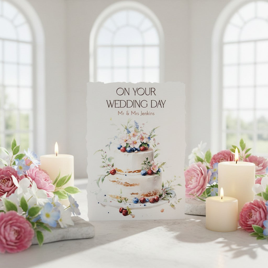 Card with wedding cake illustration surrounded by candles and flowers in a bright room.