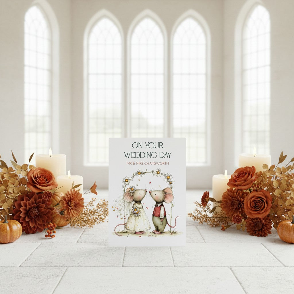 Wedding card with mice illustration surrounded by autumn-themed decor in a church setting