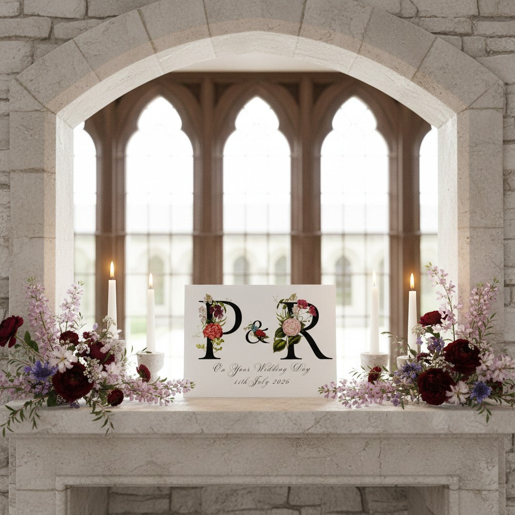 Decorative wedding card with initials 'P' and 'R' on a stone window ledge with floral arrangements.