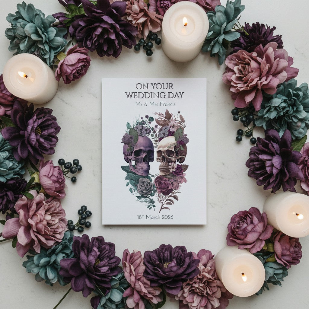 Wedding card with skull design surrounded by purple and pink flowers and candles on a white background