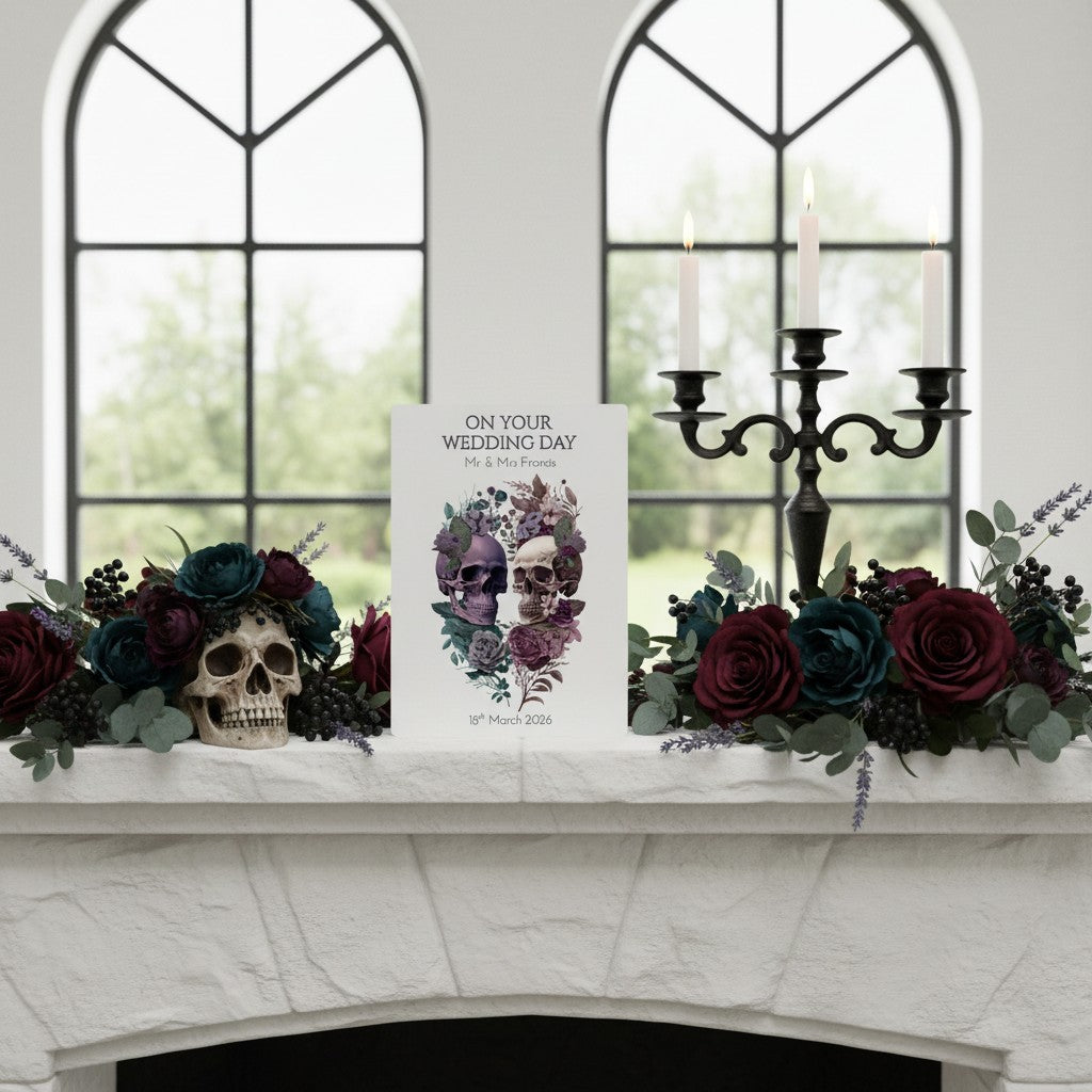 Decorative wedding card setup with skull, flowers, and candelabra on a mantelpiece.