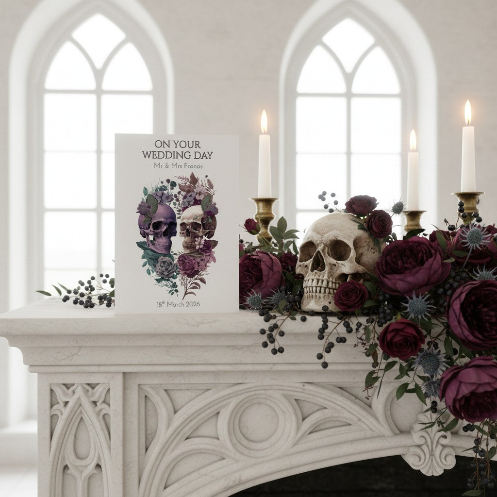 Decorative skull wedding card and floral arrangement on a mantelpiece with candles in a gothic-style room.