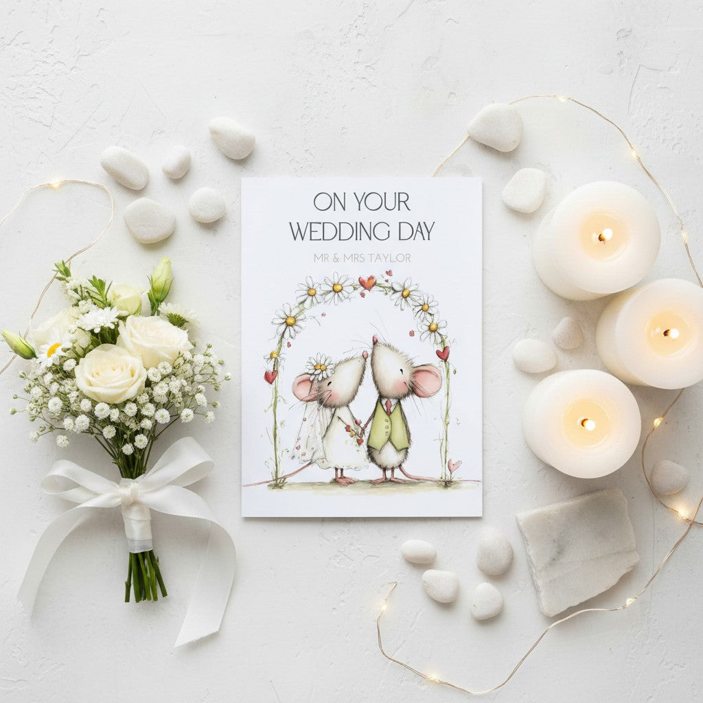 Wedding card with cartoon mice, bouquet, candles, and decor on a light background