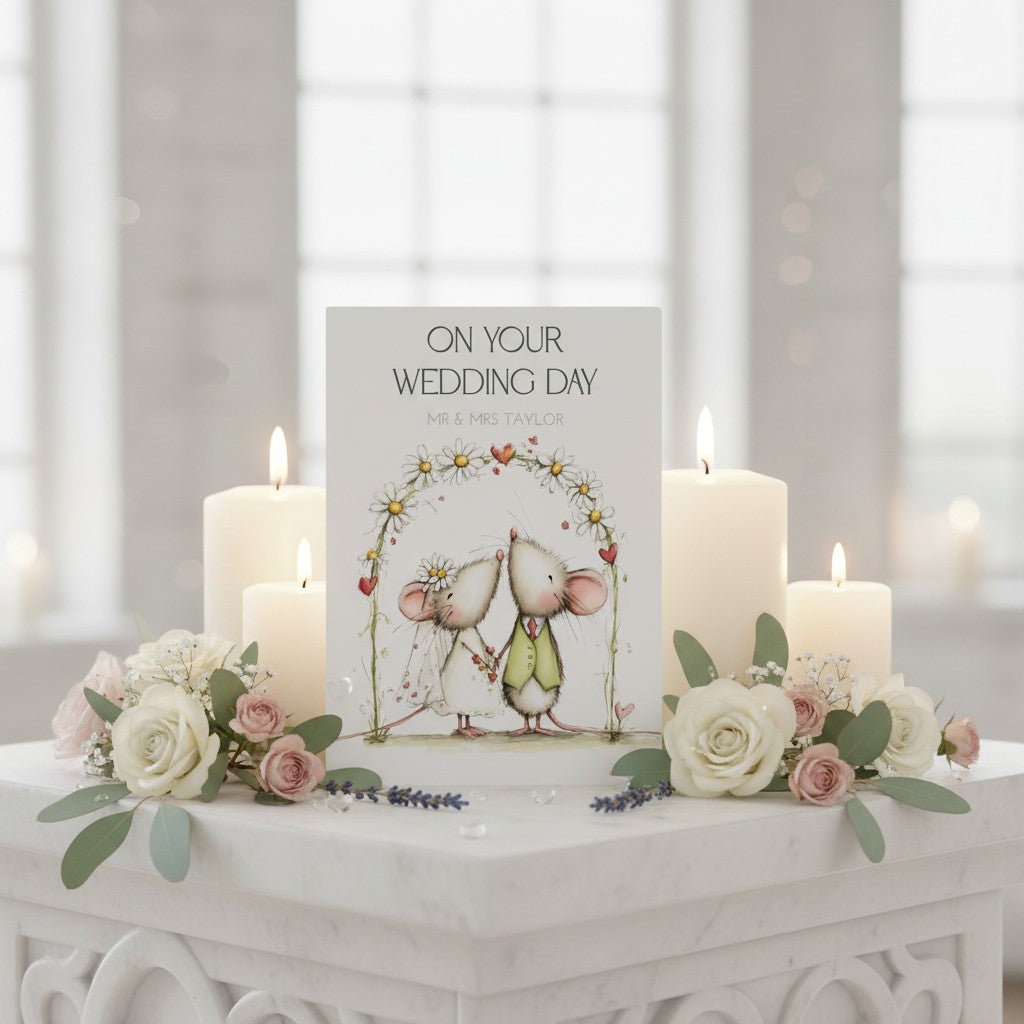 Wedding card with candles and flowers on a decorative stand