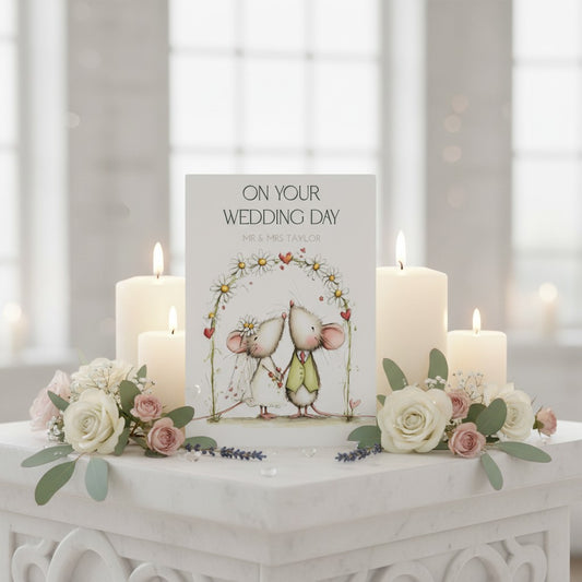 Wedding card with candles and flowers on a decorative stand