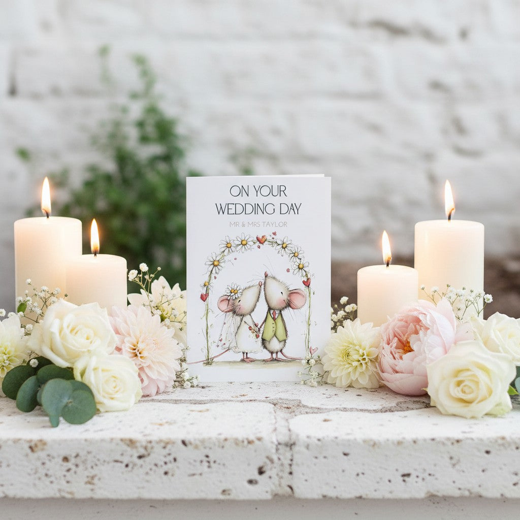 Wedding card with candles and flowers on a rustic surface