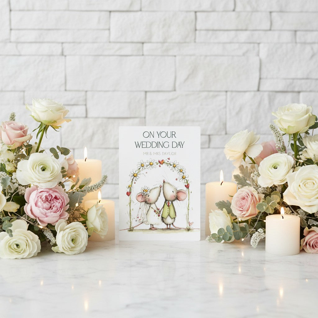 Floral arrangements with candles and a 'On Your Wedding Day' card on a light background