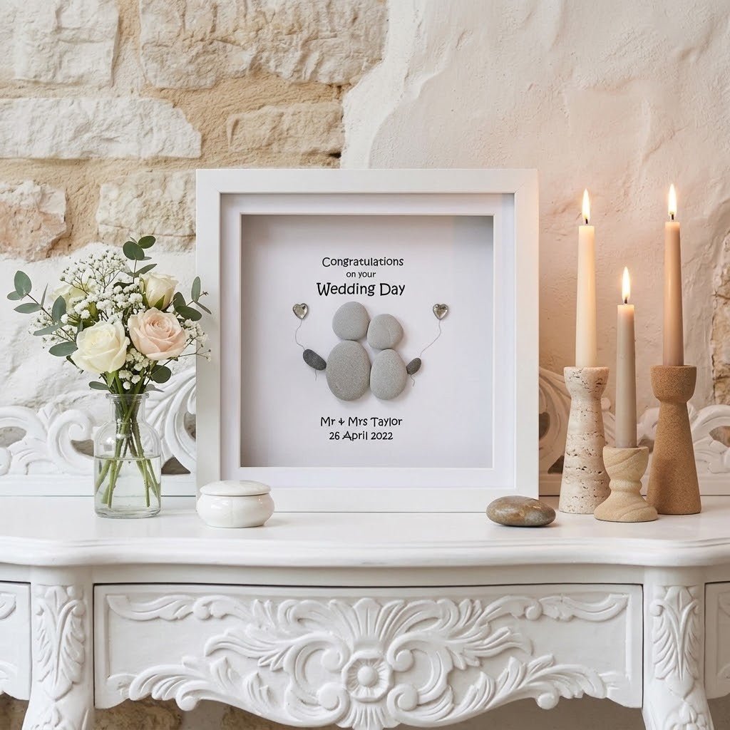 A white framed wedding day keepsake pebble art frame displayed on a white carved console table, surrounded by a vase of flowers, candles, and decorative stones against a rustic stone wall.