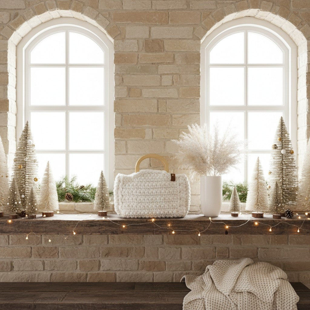 Decorative setup with small trees, a crochet handbag, and a vase on a stone ledge with string lights.