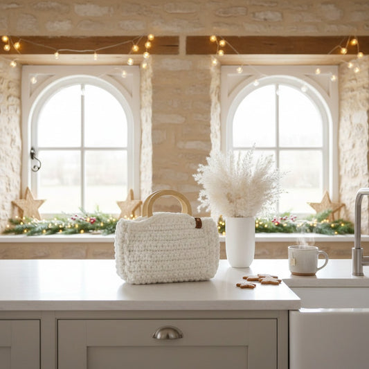White crochet handbag on a kitchen counter with decorative elements