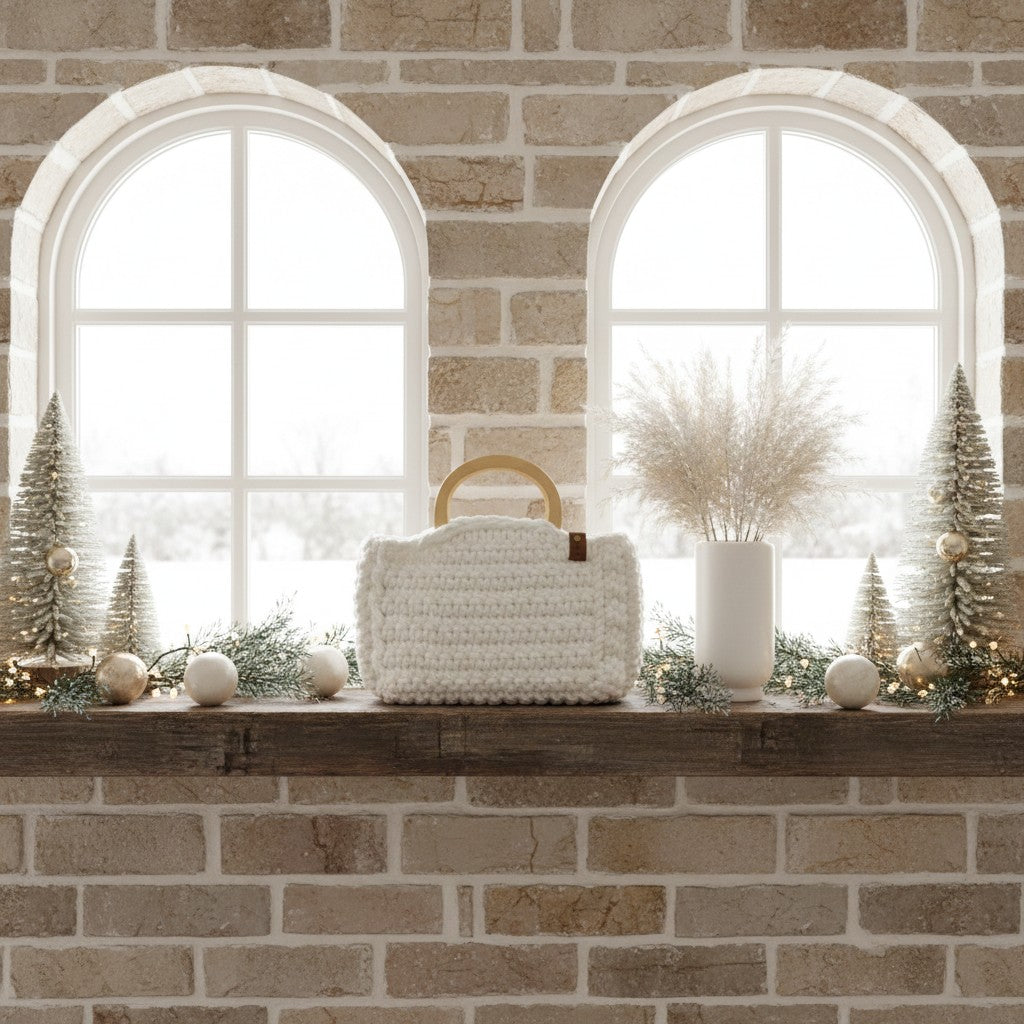 Decorative setup of a handbag on a windowsill with a textured wall background