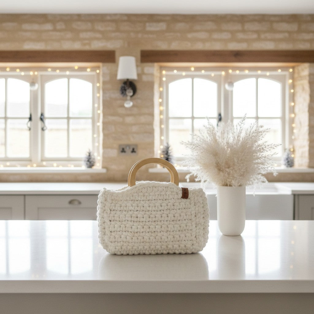 White woven bag with wooden handle on a kitchen counter with decorative lights and plants.