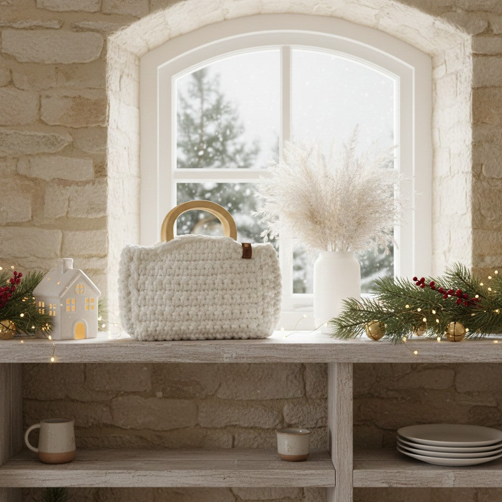 Decorative setting with a textured bag, mug, and plates on a stone shelf in front of a window.