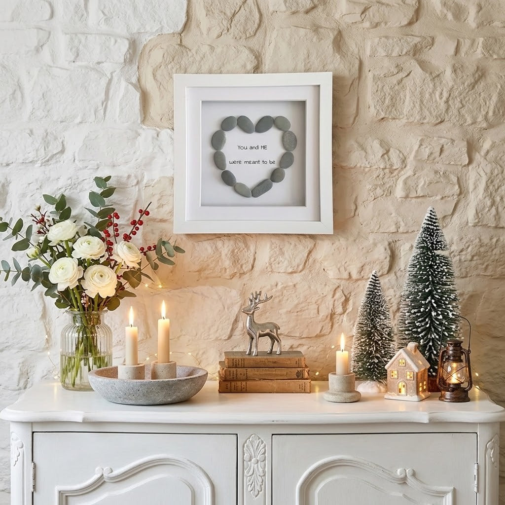 A white square shadow box frame featuring a heart-shaped arrangement of smooth grey stones with the words 'You and I were meant to be' in the centre, displayed on a white console table against a rustic white brick wall. The scene is styled with a floral arrangement, candles, miniature trees, and a small house.
