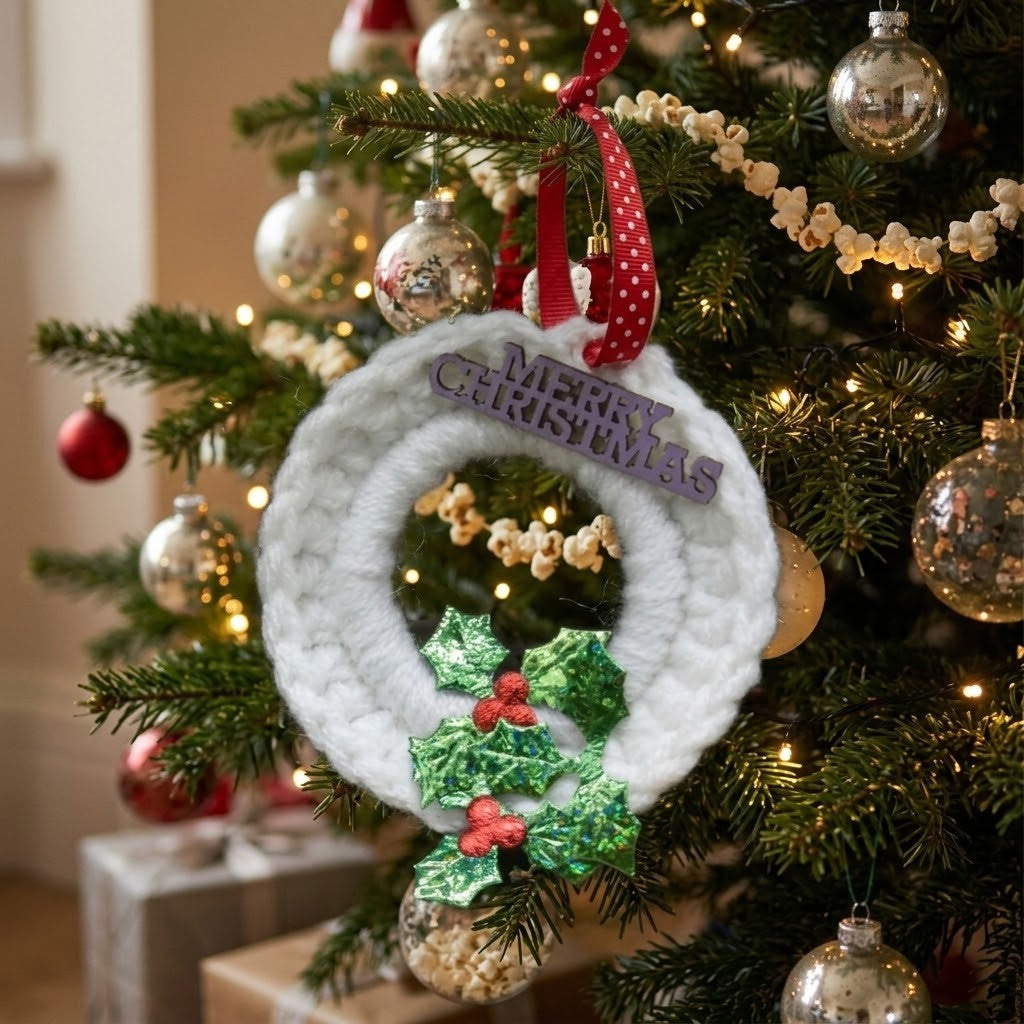 A white knitted Christmas wreath ornament hanging on a decorated tree, with a purple 'MERRY CHRISTMAS' sign and green holly with red berries at the bottom. The wreath is suspended by a red polka-dot ribbon.