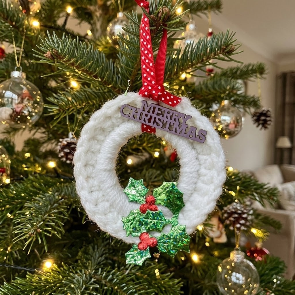 A white crocheted Christmas wreath ornament hanging on a lit Christmas tree, with a red polka-dot ribbon, a purple 'MERRY CHRISTMAS' sign, and green holly with red berries.