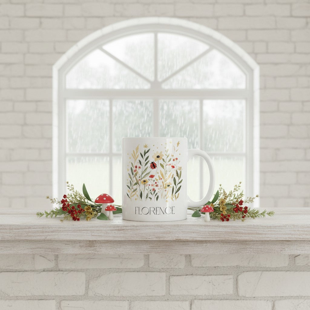 Decorative mug with floral ladybird design and 'Florence' text on a windowsill with flowers.