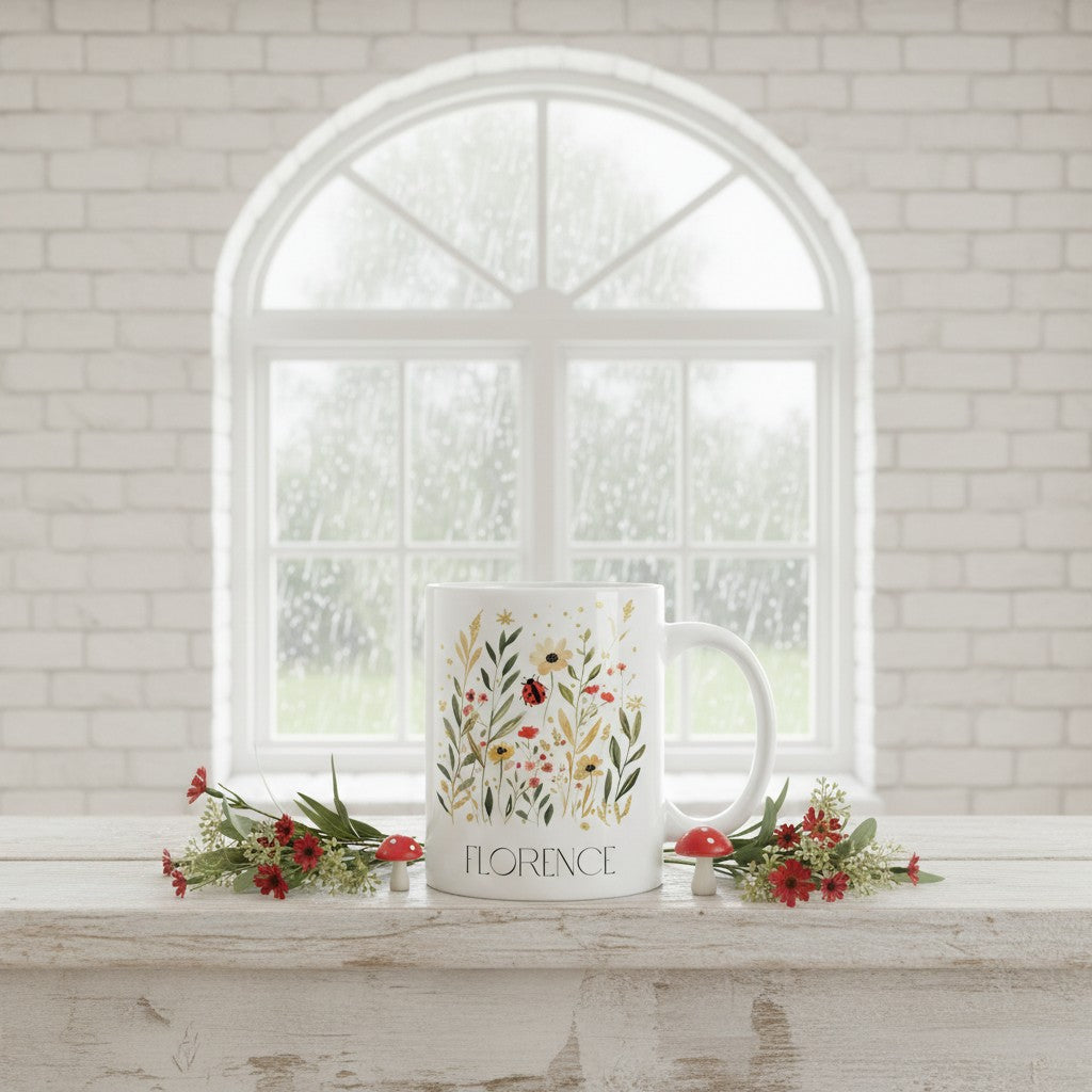 Mug with floral ladybird design and 'Florence' text on a windowsill with flowers.