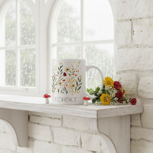 White mug with floral ladybird design and 'Florence' text on a wooden surface near a window.
