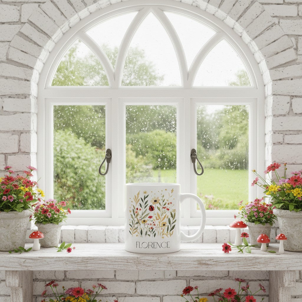 Decorative mug with floral ladybird design on a windowsill with flowers and a view of greenery outside.