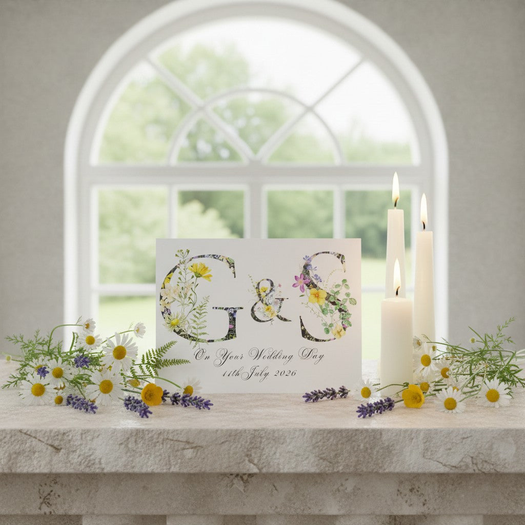 Wedding card with floral initials on a windowsill with candles and flowers