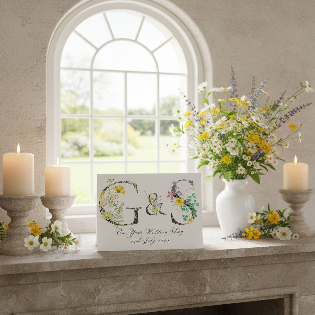Decorative setup with floral 'G&S' wedding card, candles, and flowers on a mantelpiece.