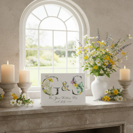 Decorative setup with floral 'G&S' wedding card, candles, and flowers on a mantelpiece.