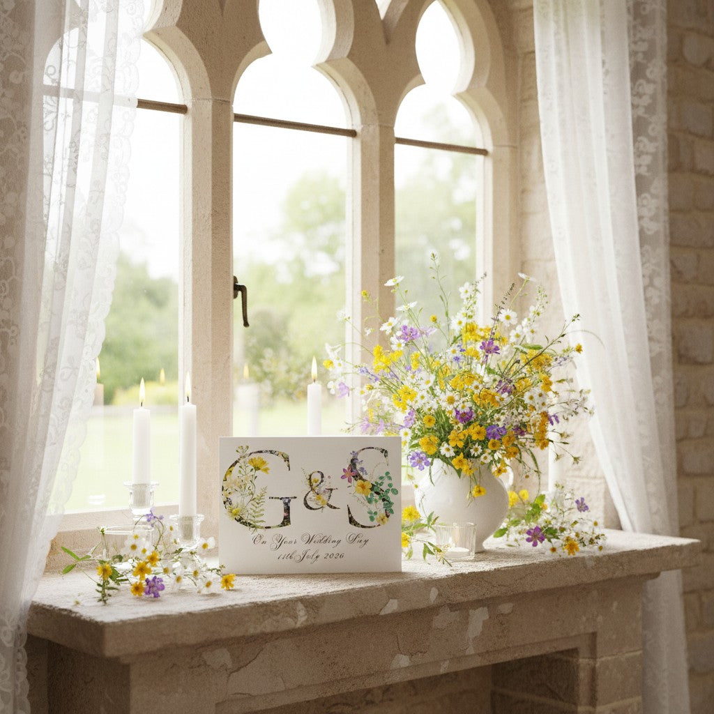 Decorative wedding card with floral design on a stone surface in front of a large window.