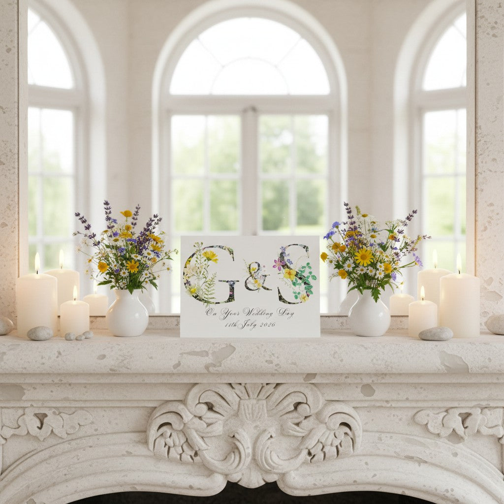 Decorative wedding card with floral monogram on a mantelpiece with candles and flowers.