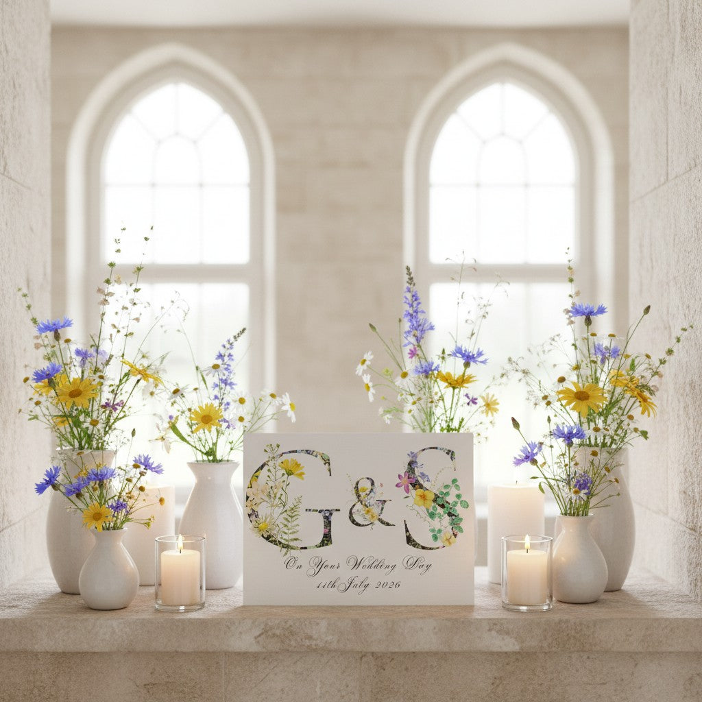 Decorative setup with flowers, candles, and a personalised wildflower wedding card in a church setting.